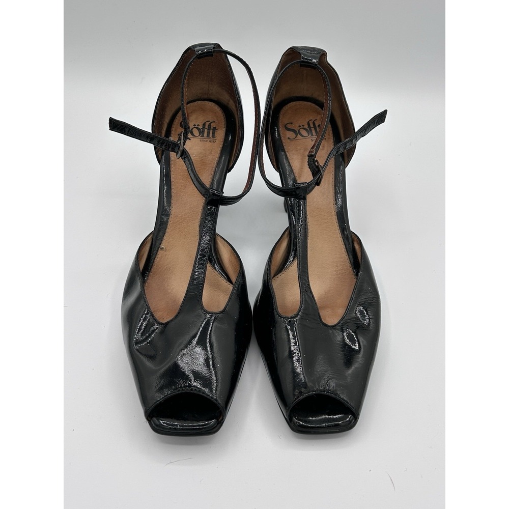 Women's Sofft Heels Black Patent Leather Sling Back Peep Toe Size 9.5